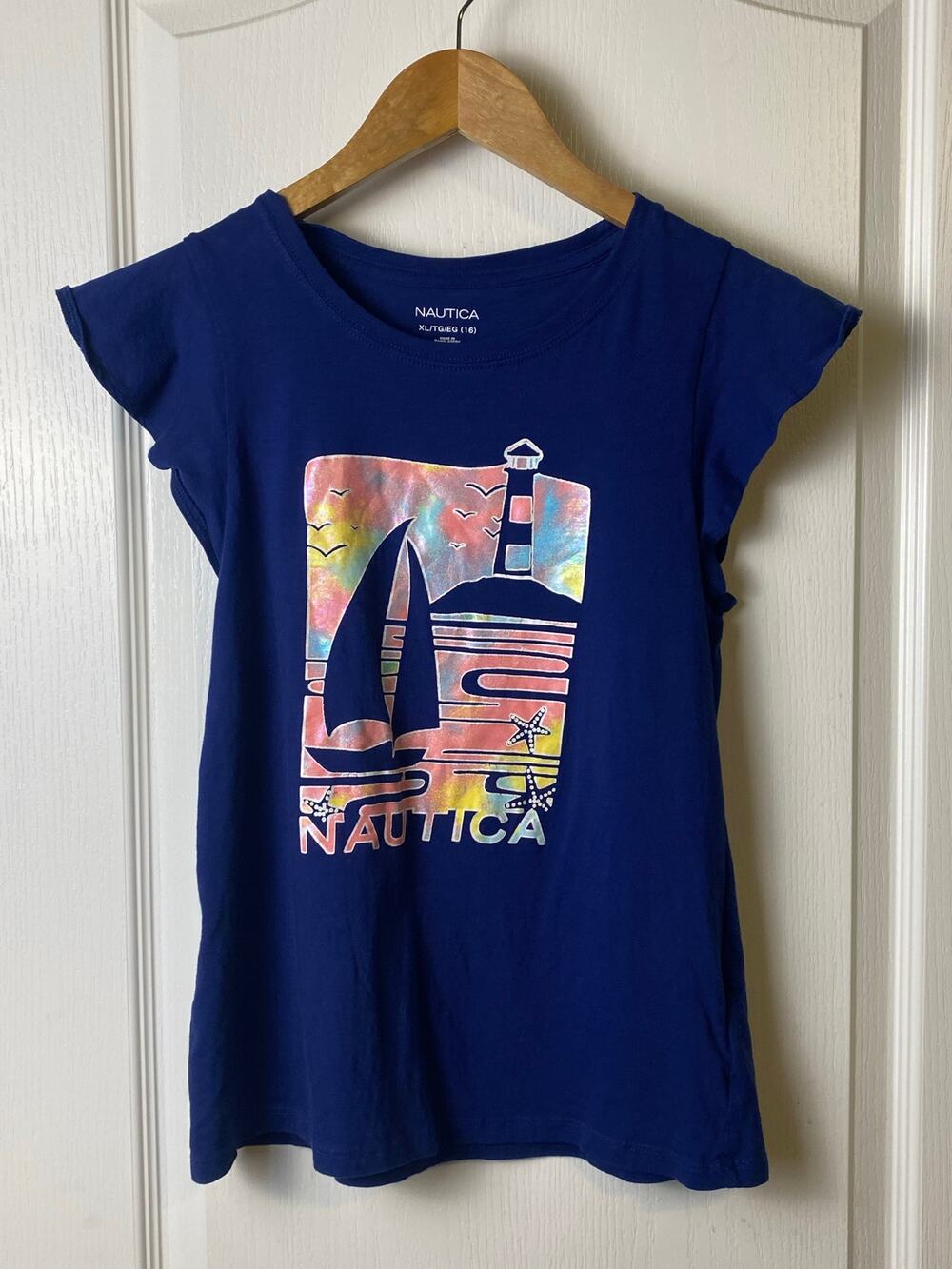 Nautica Girls Blue Sailboat Flutter Sleeve T-shirt Size 16 X-Large